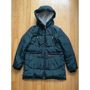 Steve Madden Puffer Coat Hooded Sherpa Lined Zip Pockets Dark Green Size Large